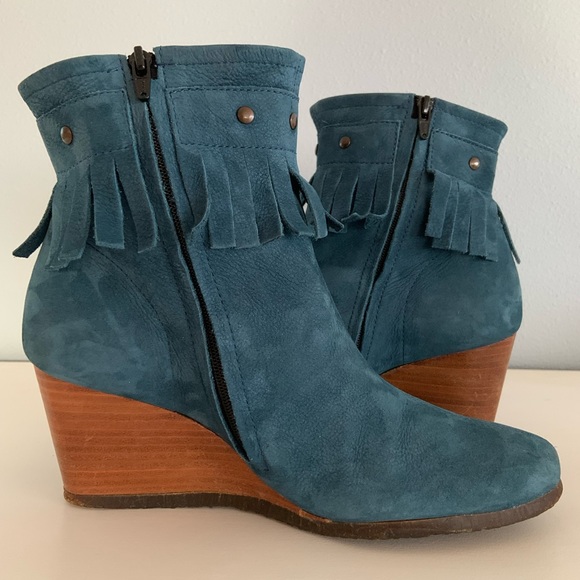 Arche • Tikhal Teal Fringe Leather Wedge Ankle Boots Size 37 / 6.5 - Picture 5 of 12